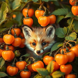 A cute little fox kit peering out from a vibrant cluster of Physalis plants, the lantern-shaped orange fruit glowing softly against a backdrop of lush green foliage