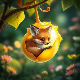 A cute little fox nestled inside a vibrant and translucent physalis fruit, showcasing the delicate balance of nature