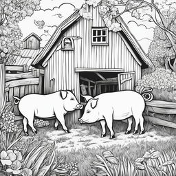Black and white colouring book page featuring intricately detailed happy pigs on a farm, with a barn in the background.