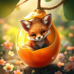 A cute little fox nestled inside a vibrant and translucent physalis fruit, showcasing the delicate balance of nature
