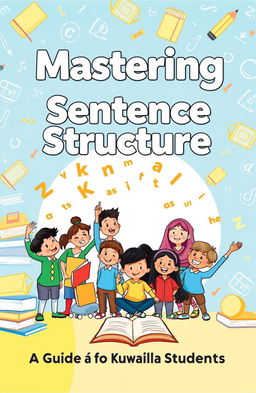 A visually engaging book cover designed to teach Kuwaiti students how to write correct sentences