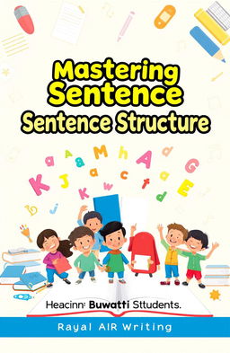 A visually engaging book cover designed to teach Kuwaiti students how to write correct sentences