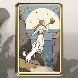 A dreamy interpretation of The Fool Tarot card encased in a rounded rectangle thin golden frame