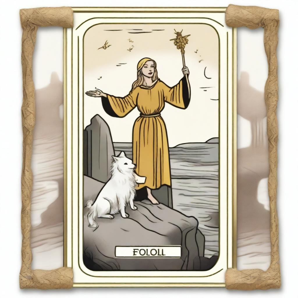 A dreamy interpretation of The Fool Tarot card encased in a rounded rectangle thin golden frame