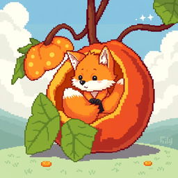 A cute pixel art scene depicting a small, fluffy fox nestled inside a vibrant, open physalis fruit