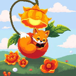 A cute pixel art scene depicting a small, fluffy fox nestled inside a vibrant, open physalis fruit