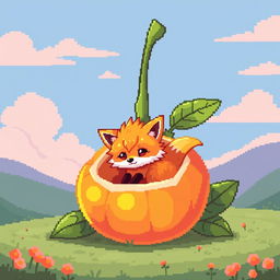 A cute pixel art scene depicting a small, fluffy fox nestled inside a vibrant, open physalis fruit