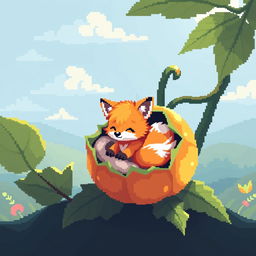 A cute pixel art scene depicting a small, fluffy fox nestled inside a vibrant, open physalis fruit