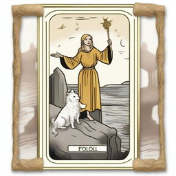 A dreamy interpretation of The Fool Tarot card encased in a rounded rectangle thin golden frame