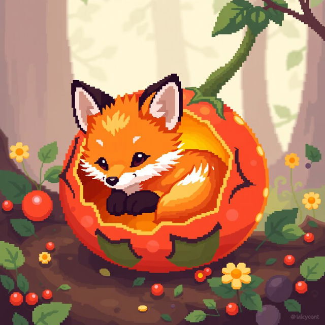 A pixel art scene featuring a cute fox kit nestled inside a vibrant physalis fruit