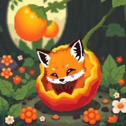 A pixel art scene featuring a cute fox kit nestled inside a vibrant physalis fruit