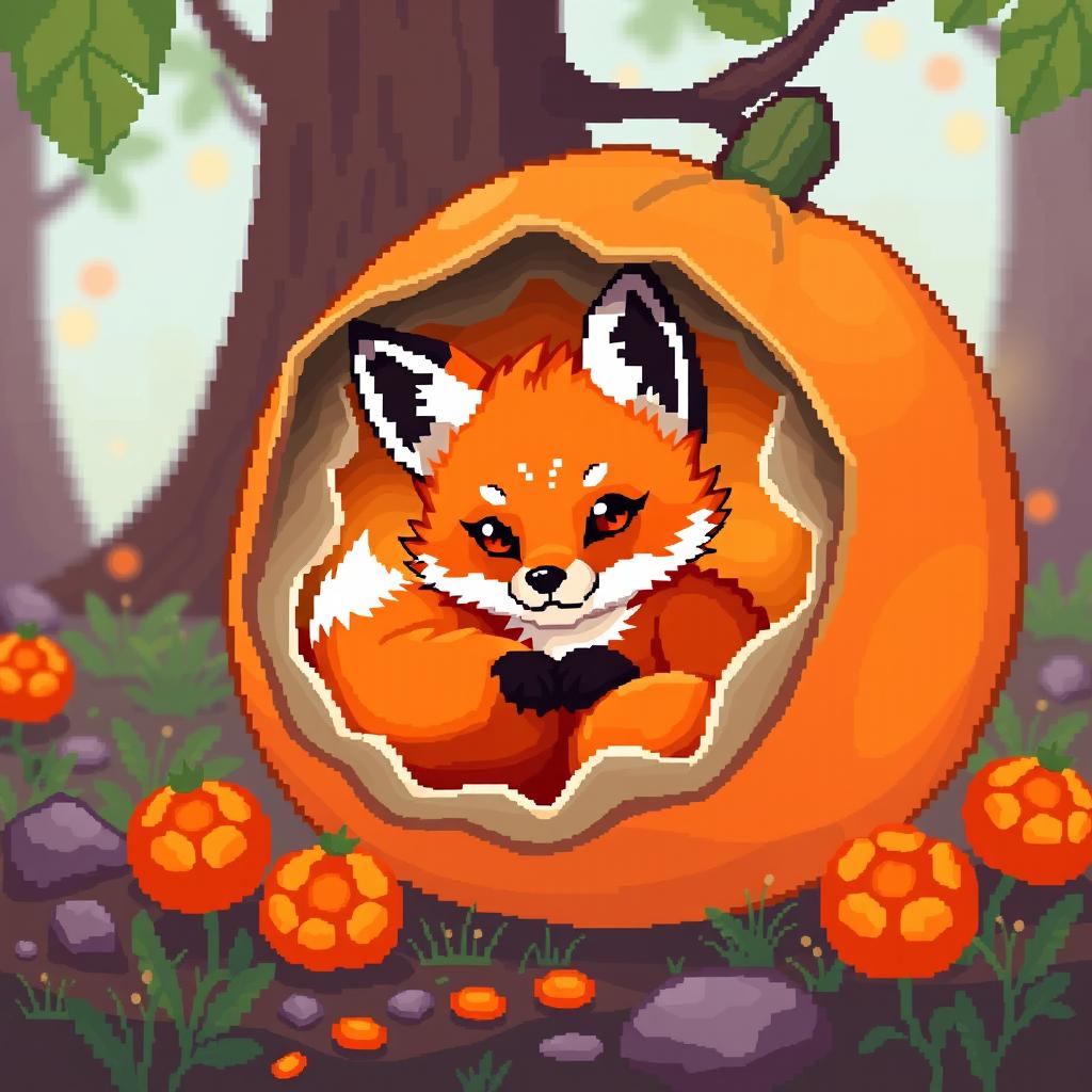 A pixel art scene featuring a cute fox kit nestled inside a vibrant physalis fruit