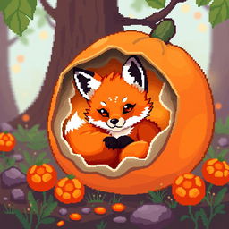 A pixel art scene featuring a cute fox kit nestled inside a vibrant physalis fruit