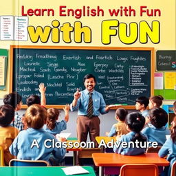 A captivating book cover featuring a classroom scene where a diverse group of pupils is engaged in learning English