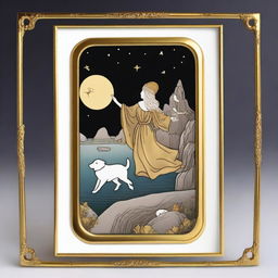 A dreamy interpretation of The Fool Tarot card encased in a rounded rectangle thin golden frame