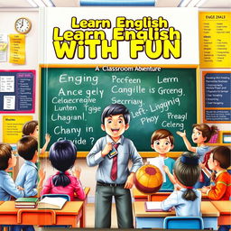 A captivating book cover featuring a classroom scene where a diverse group of pupils is engaged in learning English