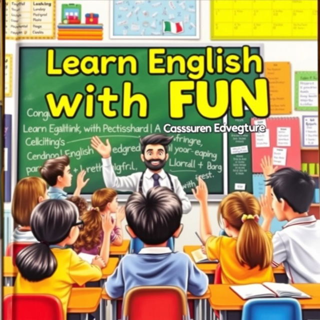 A captivating book cover featuring a classroom scene where a diverse group of pupils is engaged in learning English