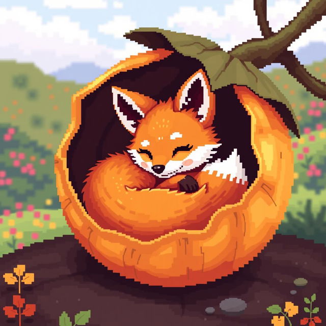 A cute little fox curled up inside a vibrant physalis fruit, designed in charming pixel art style