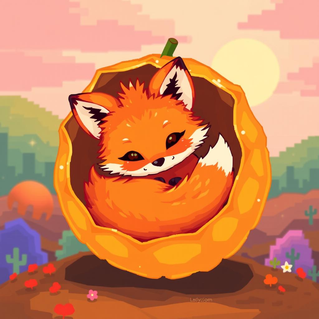 A cute little fox curled up inside a vibrant physalis fruit, designed in charming pixel art style