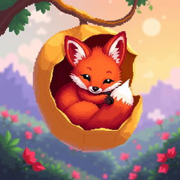A cute little fox curled up inside a vibrant physalis fruit, designed in charming pixel art style
