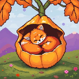 A cute little fox curled up inside a vibrant physalis fruit, designed in charming pixel art style