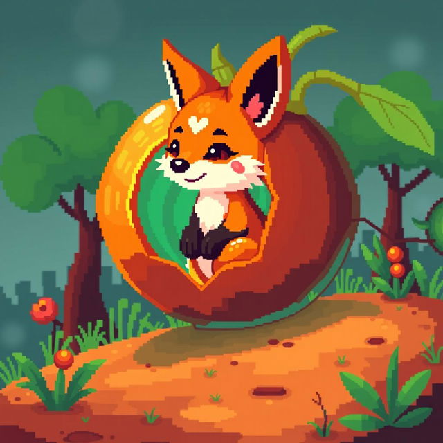 A glowing little fox inside a physalis fruit, rendered in pixel art style