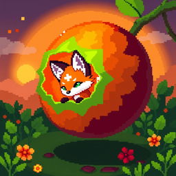 A glowing little fox inside a physalis fruit, rendered in pixel art style