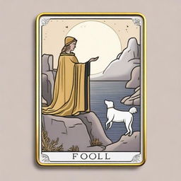 A dreamy interpretation of The Fool Tarot card encased in a rounded rectangle thin golden frame