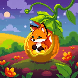 A glowing little fox inside a physalis fruit, rendered in pixel art style