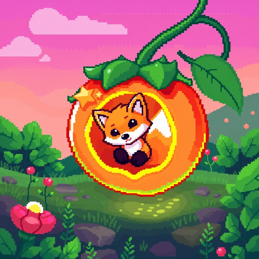 A glowing little fox inside a physalis fruit, rendered in pixel art style