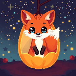 A glowing little fox with a luminous belly inside a physalis fruit, depicted in vibrant pixel art style