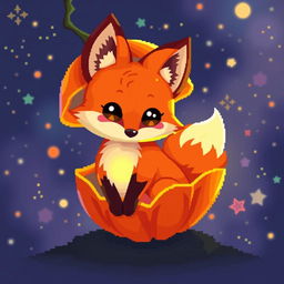 A glowing little fox with a luminous belly inside a physalis fruit, depicted in vibrant pixel art style