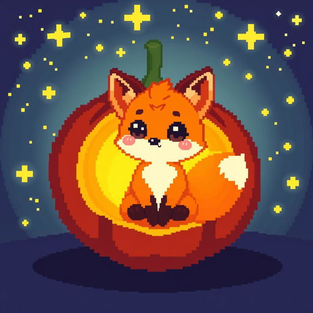 A glowing little fox with a luminous belly inside a physalis fruit, depicted in vibrant pixel art style