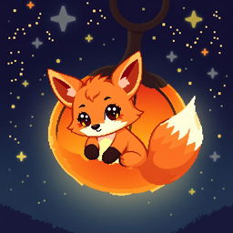 A glowing little fox with a luminous belly inside a physalis fruit, depicted in vibrant pixel art style