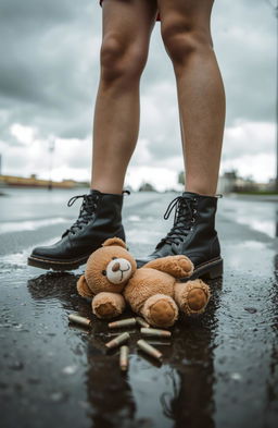 A young woman standing on a wet street, wearing stylish Doc Martens boots