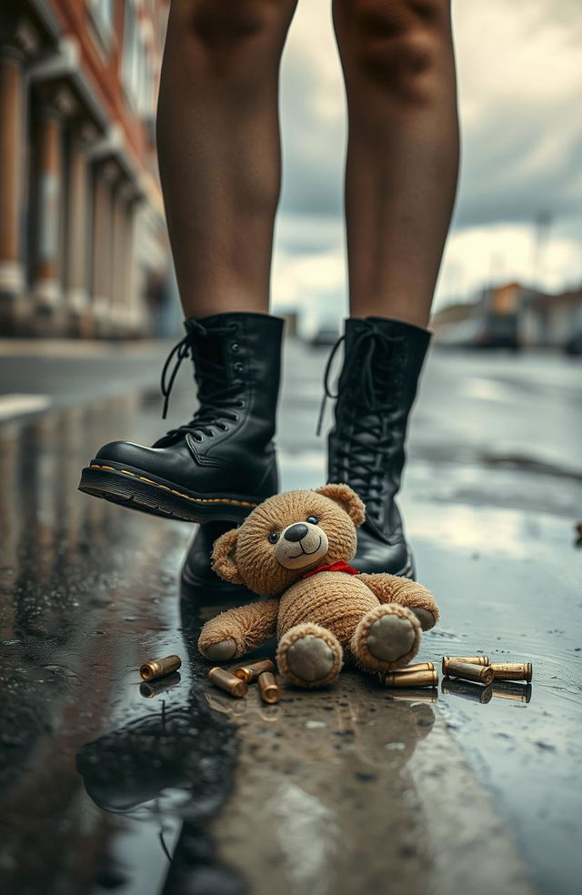 A young woman standing on a wet street, wearing stylish Doc Martens boots