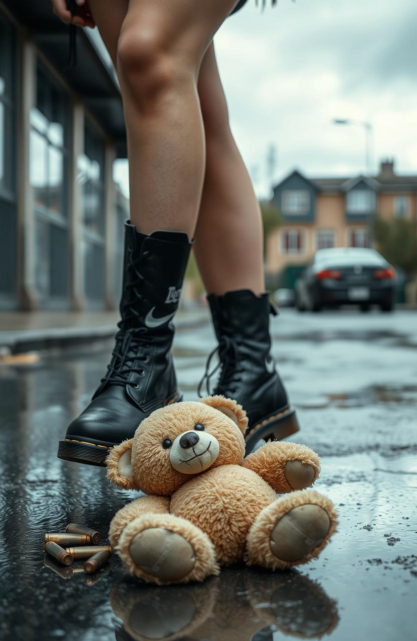 A young woman standing on a wet street, wearing stylish Doc Martens boots