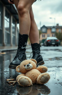 A young woman standing on a wet street, wearing stylish Doc Martens boots