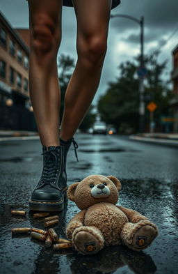 A young woman standing on a wet street, wearing stylish Doc Martens boots