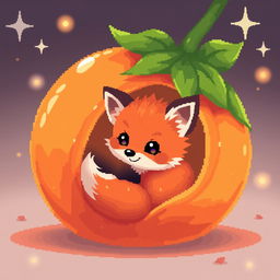 A playful pixel art scene featuring a cute little fox nestled inside a glowing physalis fruit