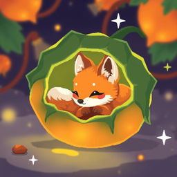 A playful pixel art scene featuring a cute little fox nestled inside a glowing physalis fruit