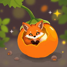 A playful pixel art scene featuring a cute little fox nestled inside a glowing physalis fruit