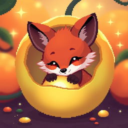 A playful pixel art scene featuring a cute little fox nestled inside a glowing physalis fruit