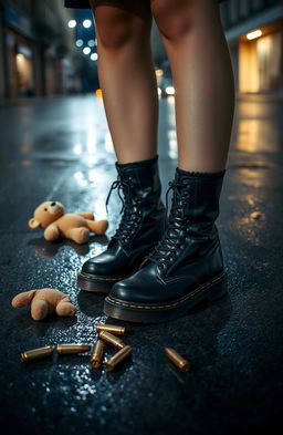 A young woman standing confidently on a glistening wet street, wearing stylish black Doc Martens boots that gleam from the moisture