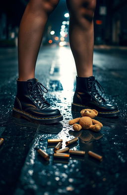 A young woman standing confidently on a glistening wet street, wearing stylish black Doc Martens boots that gleam from the moisture