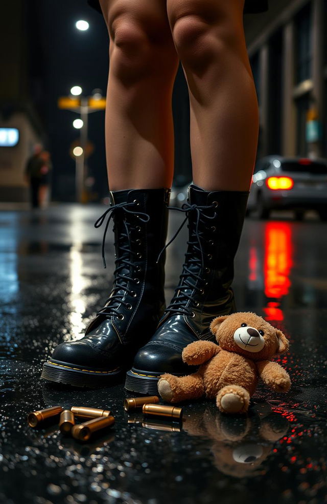 A young woman standing confidently on a glistening wet street, wearing stylish black Doc Martens boots that gleam from the moisture