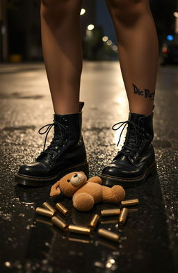 A young woman standing confidently on a glistening wet street, wearing stylish black Doc Martens boots that gleam from the moisture
