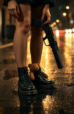 A young woman's legs in stylish black Doc Martens boots standing on a wet street, reflecting the soft glow of streetlights