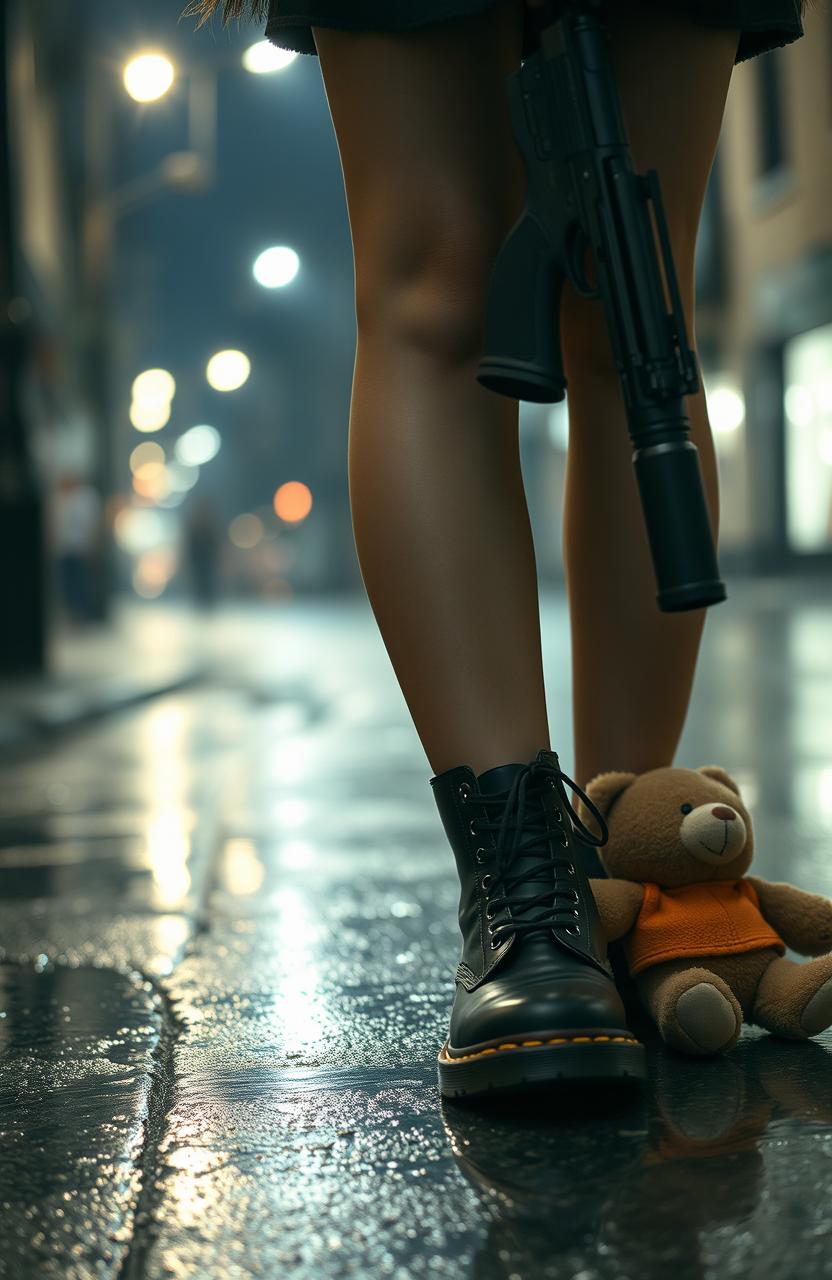 A young woman's legs in stylish black Doc Martens boots standing on a wet street, reflecting the soft glow of streetlights