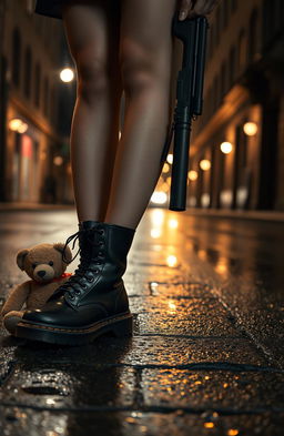 A young woman's legs in stylish black Doc Martens boots standing on a wet street, reflecting the soft glow of streetlights